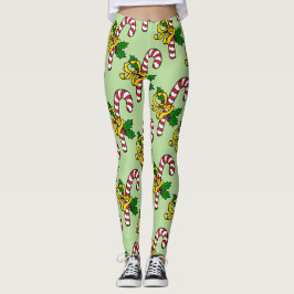 Niedlich Red White Candy Canes Light Green Christm Leggings