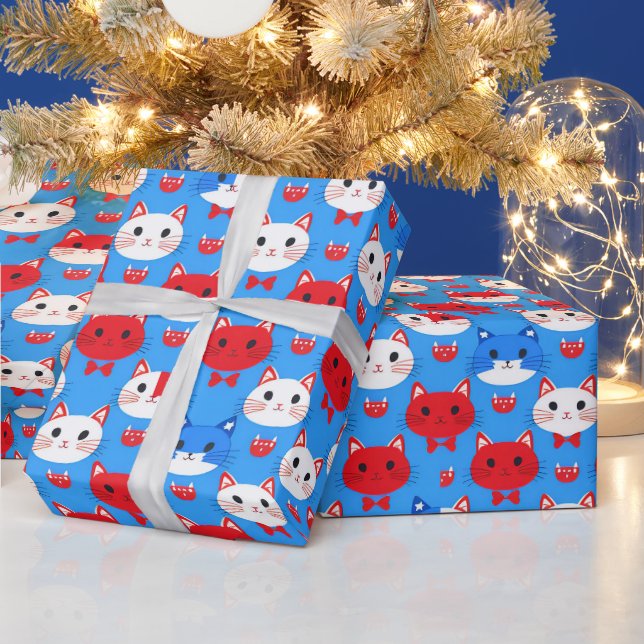 Niedlich Red White Cat Heads Muster Tiere Kinder Geschenkpapier (Feiertage)