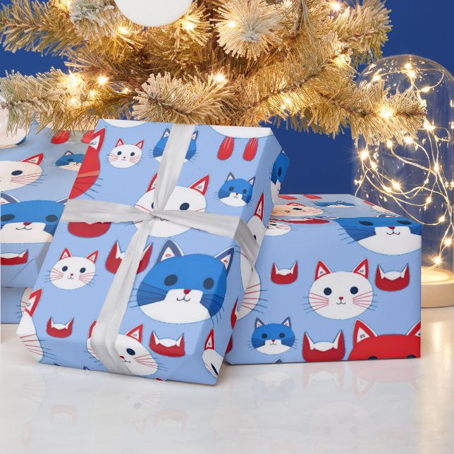 Niedlich Red White Cat Heads Muster Tiere Kinder Geschenkpapier (Feiertage)