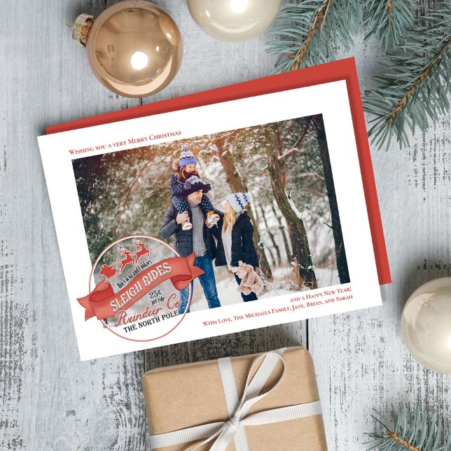 Niedlich Reindeer Ein Foto Weihnachten (Whimsical Santa Sleigh rides typography sign. )