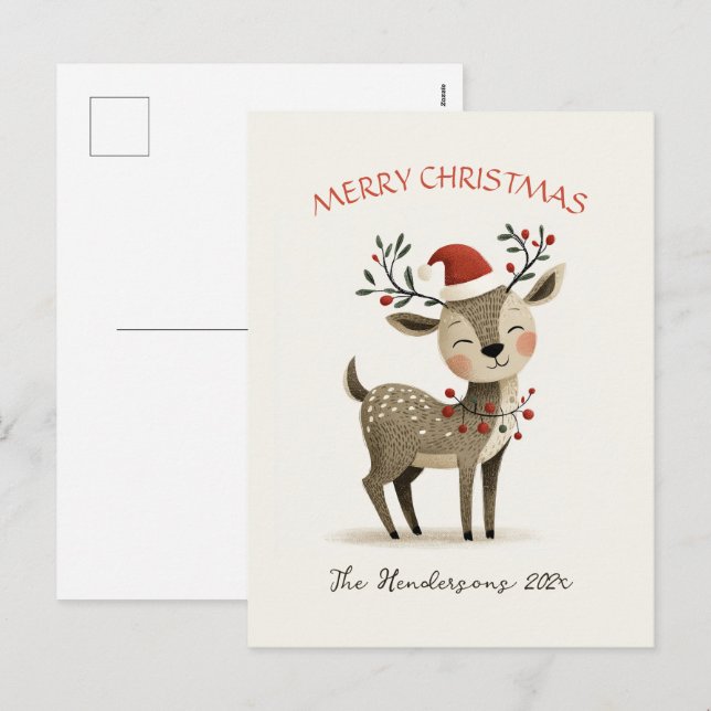 Niedlich Reindeer Retro Weihnachtskarte Feiertagspostkarte (Vorne/Hinten)