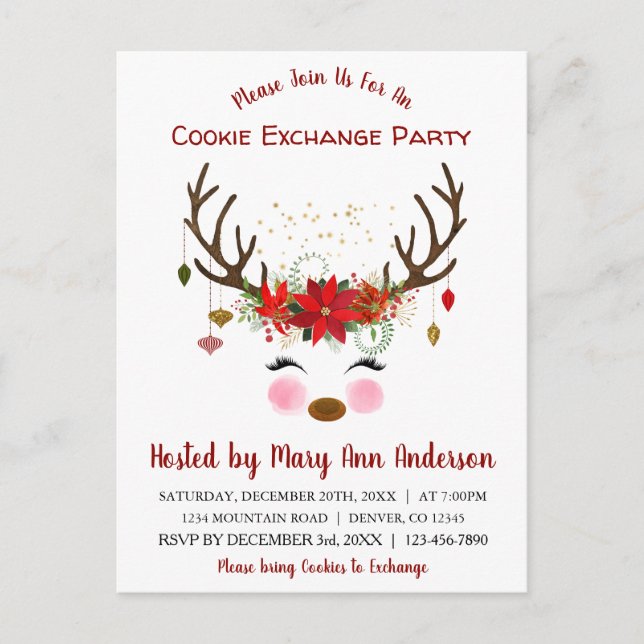 Niedlich Rentier Christmas Cookie Exchange Party Postkarte (Vorderseite)