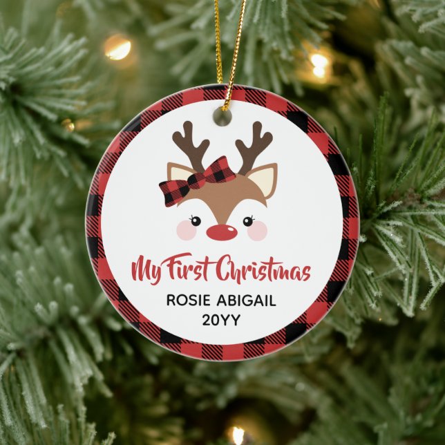 Niedlich Rentier Kariert Bow 1. Weihnachtsbaby Fot Keramik Ornament (Baum)