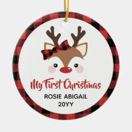 Niedlich Rentier Kariert Bow 1. Weihnachtsbaby Fot Keramik Ornament