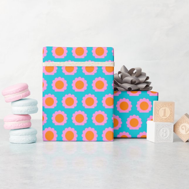 Niedlich Retro 60er Turquoise Mod Blume Muster  Geschenkpapier (Babyparty)