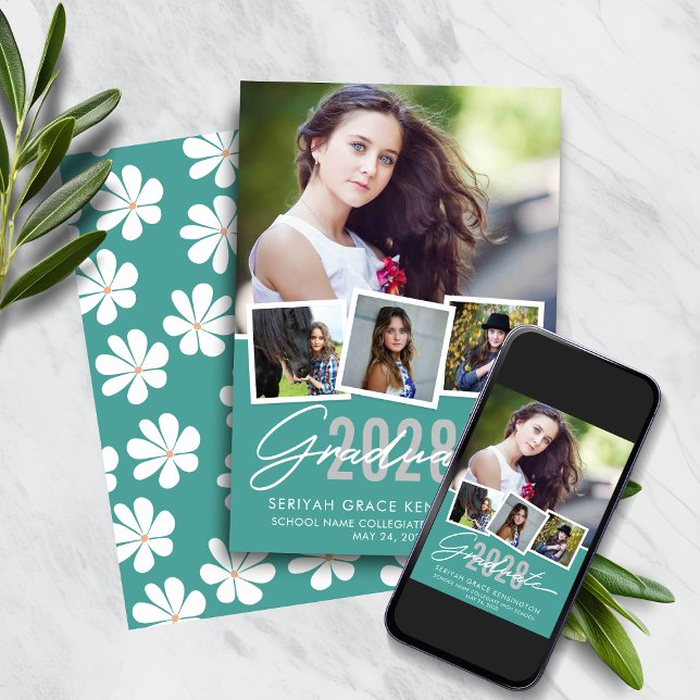 Niedlich Retro Aquamariner floraler Abschluss Foto Ankündigung (Cute Retro Teal Daisy Floral Graduation Photo Collage Announcement)