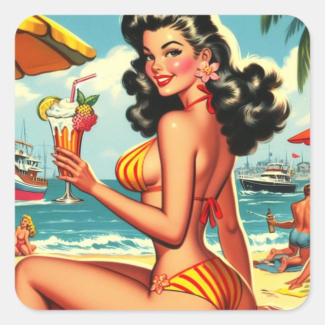 Niedlich Retro Bikini Girl Quadratischer Aufkleber (Vorderseite)