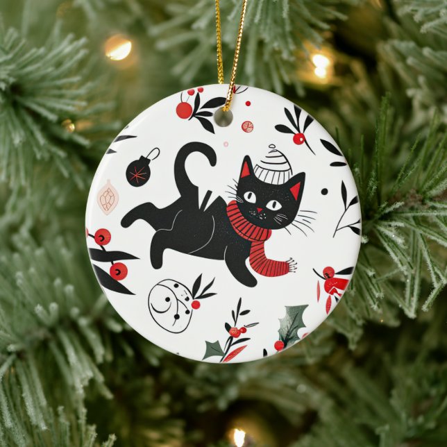Niedlich Retro Black Cat Christmas Keramik Ornament (Baum)