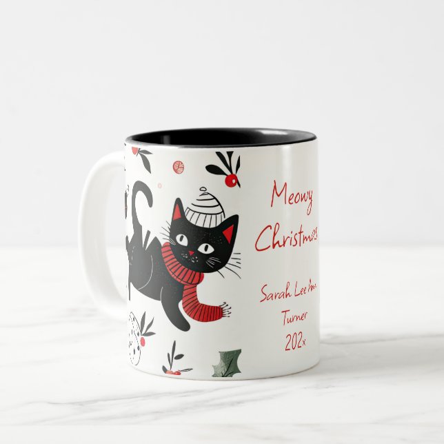 Niedlich Retro Black Cat Christmas Zweifarbige Tasse (Vorderseite Links)
