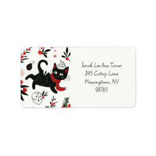 Niedlich Retro Black Cat Weihnachtsadressen Labels Adressaufkleber