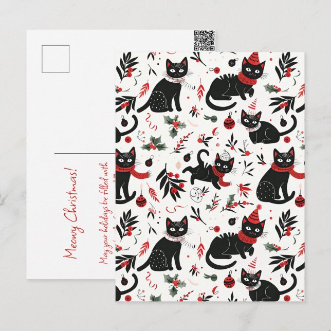 Niedlich Retro Black Cats Weihnachtskarte Feiertagspostkarte (Vorne/Hinten)