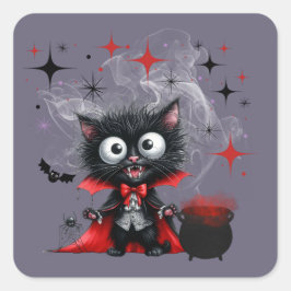 Niedlich Retro Black Hexe Kitten Halloween Quadratischer Aufkleber