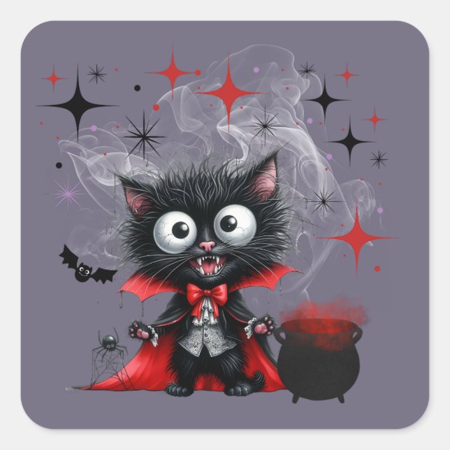 Niedlich Retro Black Hexe Kitten Halloween Quadratischer Aufkleber (Vorderseite)