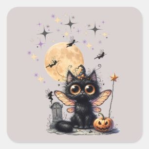 Niedlich Retro Black Wide Mit Augen Fairy Kitten H Quadratischer Aufkleber