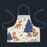 Niedlich Retro Christmas Fox Kinder Personalisiert Schürze<br><div class="desc">Niedliche Retro-Stil Weihnachtsmotive mit einer Weihnachtsmannmütze mit Fuchs sitzend mit den Geschenken unter dem marineblauen Weihnachtsbaum,  personalisiert mit Ihrem Namen.</div>