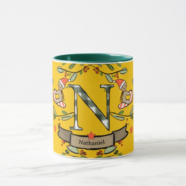 Niedlich Retro Christmas Monogram "N" mit Namen Tasse (Zentrum)