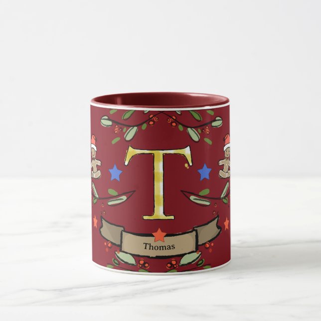 Niedlich Retro Christmas Monogram "T" mit Namen Tasse (Zentrum)