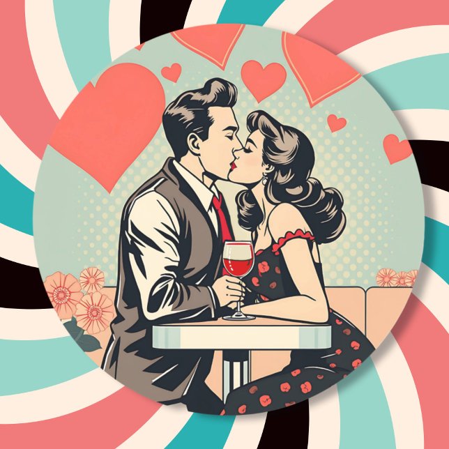 Niedlich Retro Couple Kissing Pop Kunst und Kultur Runder Aufkleber (Von Creator hochgeladen)