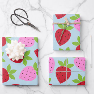 Niedlich Retro Erdbeere Frucht Muster Rosa Blau Geschenkpapier Set