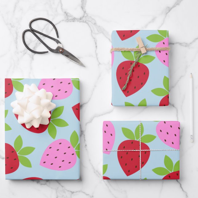 Niedlich Retro Erdbeere Frucht Muster Rosa Blau Geschenkpapier Set (Vorderseite)