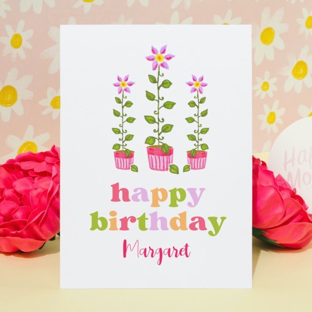 Niedlich Retro farbenfrohe Blüte Personalisiert Ge Karte (Pastel colors and retro typography give this hand-illustrated birthday card a cute 1970s look.)