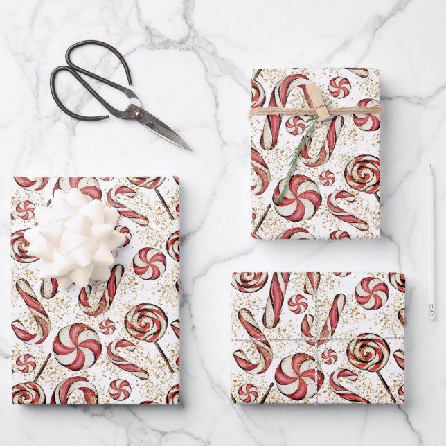 Niedlich Retro Festive Candy Cane Lollipops Muster Geschenkpapier Set (Vorderseite)