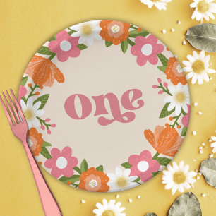 Niedlich Retro-Floral One   Baby's First Birthday Pappteller