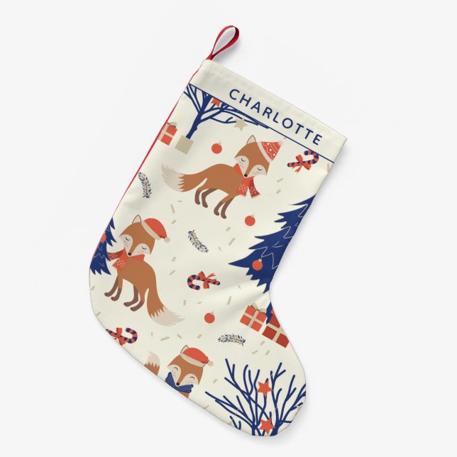 Niedlich Retro Fox und Weihnachtsbaum Personalisie Kleiner Weihnachtsstrumpf (Vorderansicht (hängend))