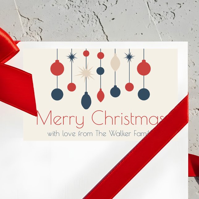 Niedlich Retro Frohe Weihnachten Red Blue Ornament Rechteckiger Aufkleber (Von Creator hochgeladen)