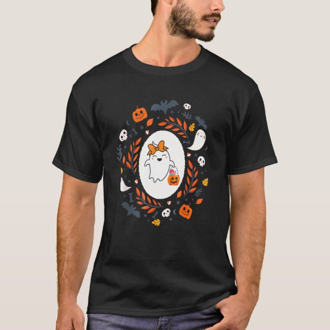 Niedlich Retro Funny Ghost Pumpkin Fall Halloween  T-Shirt (Vorderseite)