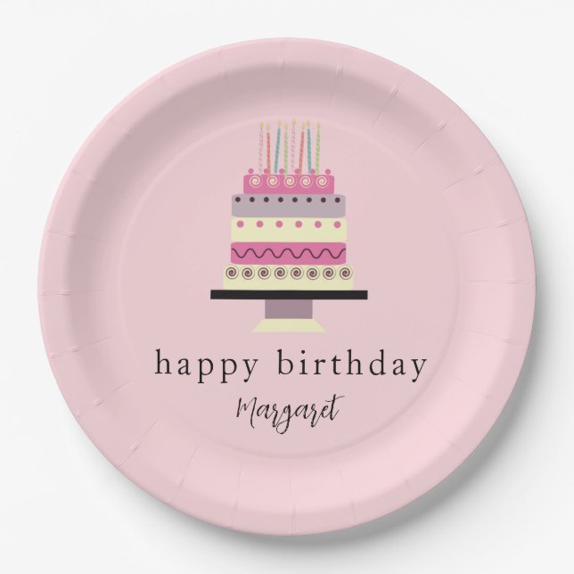 Niedlich Retro Hand Illustriert Girly Pink Geburts Pappteller (Vorderseite)