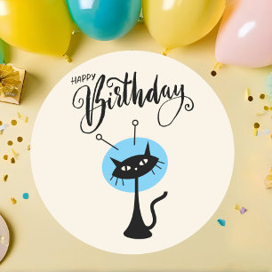 Niedlich Retro Happy Birthday Black Cat Runder Aufkleber