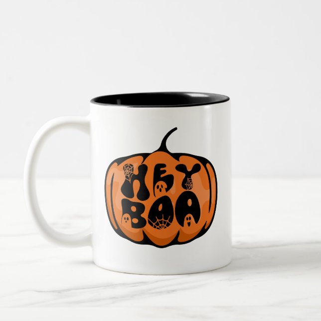 Niedlich Retro Hey Boo Pumpkin Ghost Black Orange Zweifarbige Tasse (Links)