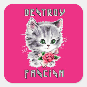 Niedlich Retro Kitten - Zerstörung des Faschismus Quadratischer Aufkleber
