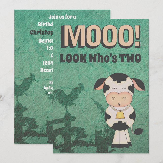 Niedlich Retro MOOO! Sehen Sie, wer zwei Kuhfarm z Einladung (Vorne/Hinten)