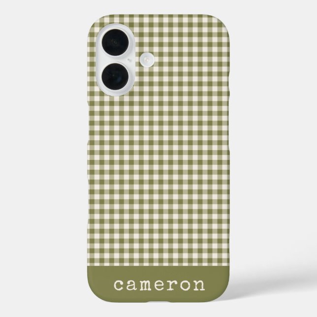 Niedlich Retro Olive Green Gingham Kariert Persona iPhone 16 Hülle (Rückseite)
