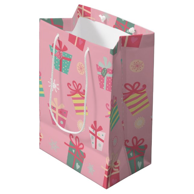 Niedlich Retro Pink Weihnachten Mittlere Geschenktüte (Vorderseite Schrägansicht)