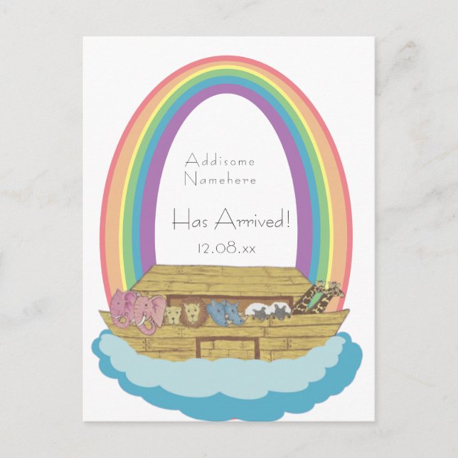 Niedlich Retro Rainbow Noah Ark Baby Geburt Ansage Postkarte (Vorderseite)