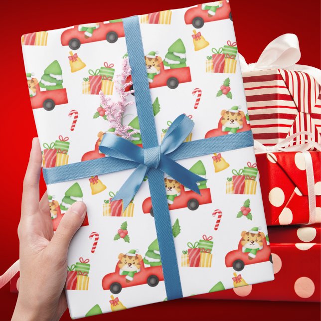 Niedlich Retro Red Truck und Tiger Weihnachten Geschenkpapier (Von Creator hochgeladen)