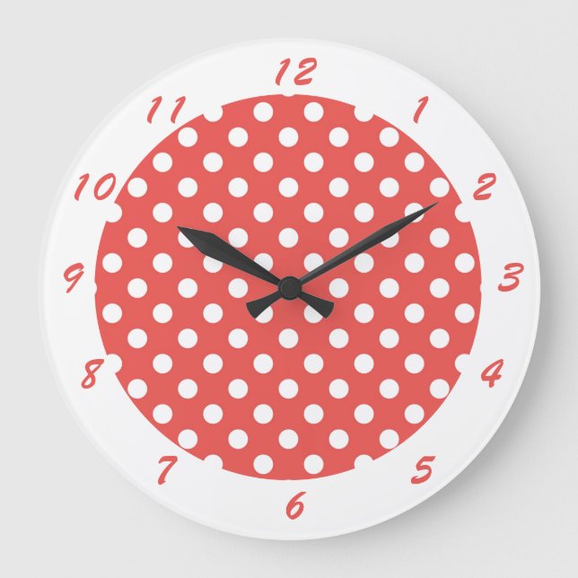 Niedlich Retro Red White Polka Dot Große Wanduhr (Vorderseite)