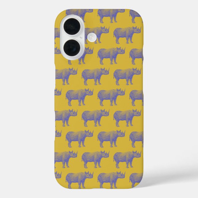 Niedlich Retro Rhinoceros Muster Gelb Lila iPhone 16 Hülle (Rückseite)