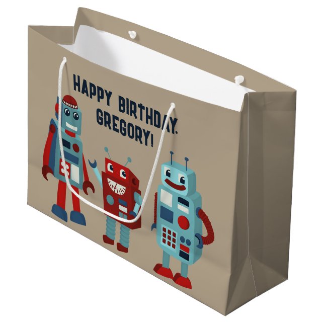 Niedlich Retro Robots Personalisierte Sci-Fi Große Geschenktüte (Vorderseite Schrägansicht)