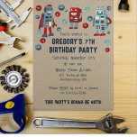 Niedlich Retro Robots Sci-Fi Boys Geburtstag Einladung<br><div class="desc">Der gesamte Text auf dieser Roboter-themed Geburtstagsparty lädt dazu ein, sich mit Ihren eigenen Informationen individuell zu gestalten, sodass Sie die perfekte Party Einladung für Jungen und Roboterfans jeden Alters schaffen können. Die Einladung enthält niedliche Retro-Illustrationen von Robotern in Rot-Blau-Set vor einem bräunlichen Hintergrund mit allen Details in marineblauen Buchstaben....</div>