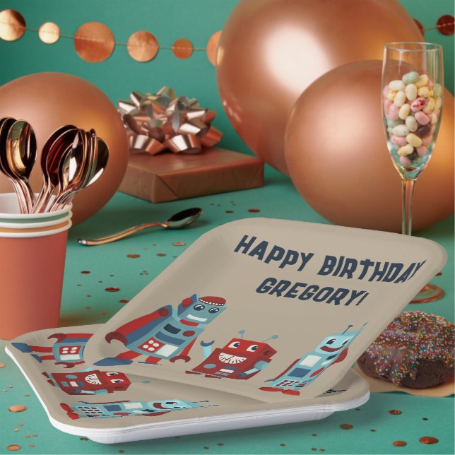 Niedlich Retro Robots Sci-Fi Boys Geburtstag Pappteller (Multi)