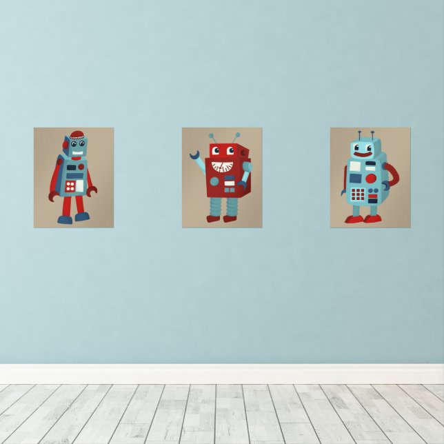 Niedlich Retro Robots Sci-Fi Themed Bilderwand Sets (Holzboden)