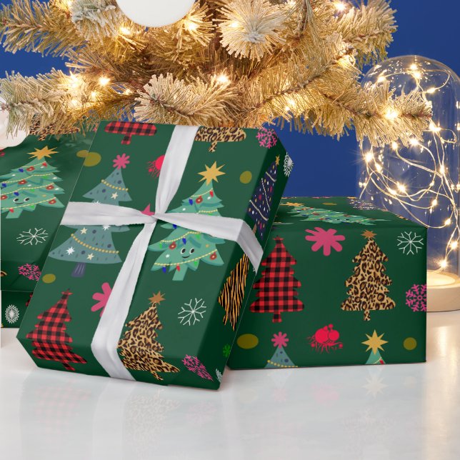 Niedlich Retro Rosa und grüner Weihnachtsbaum Geschenkpapier (Feiertage)