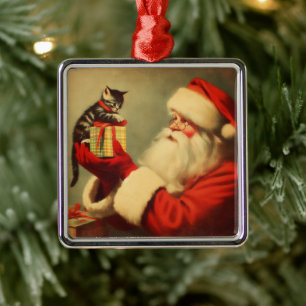Niedlich Retro Santa mit Kitten Illustration Ornament Aus Metall
