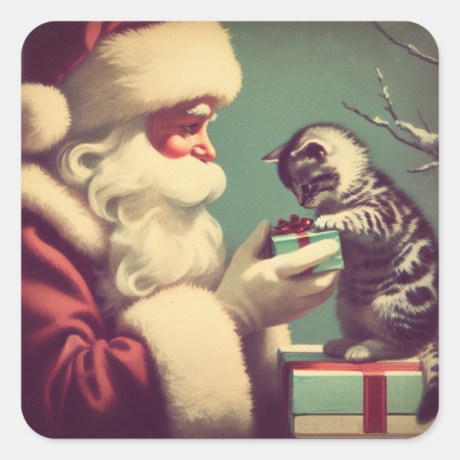 Niedlich Retro Santa mit Kitten Illustration Quadratischer Aufkleber (Vorderseite)