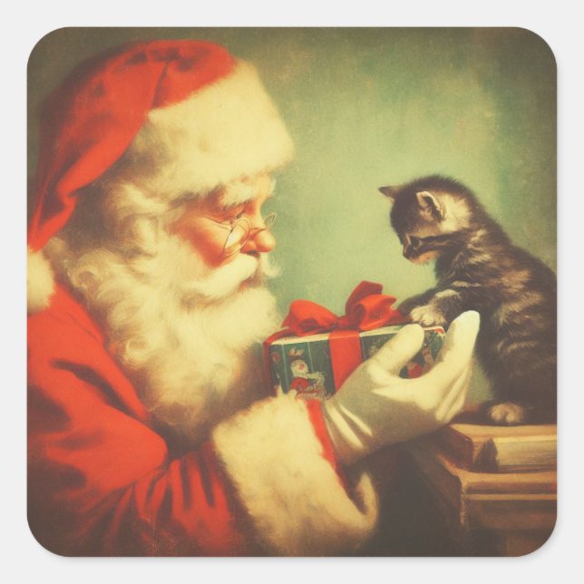 Niedlich Retro Santa mit Kitten Illustration Quadratischer Aufkleber (Vorderseite)