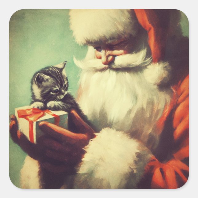 Niedlich Retro Santa mit Kitten Illustration Quadratischer Aufkleber (Vorderseite)